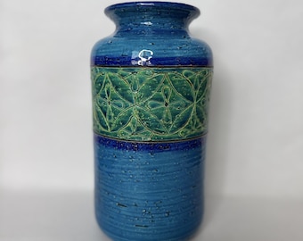 Vaso in ceramica vintage italiano MCM Bitossi Aldo Londi, geometrico, blu e verde, 20x9 cm.