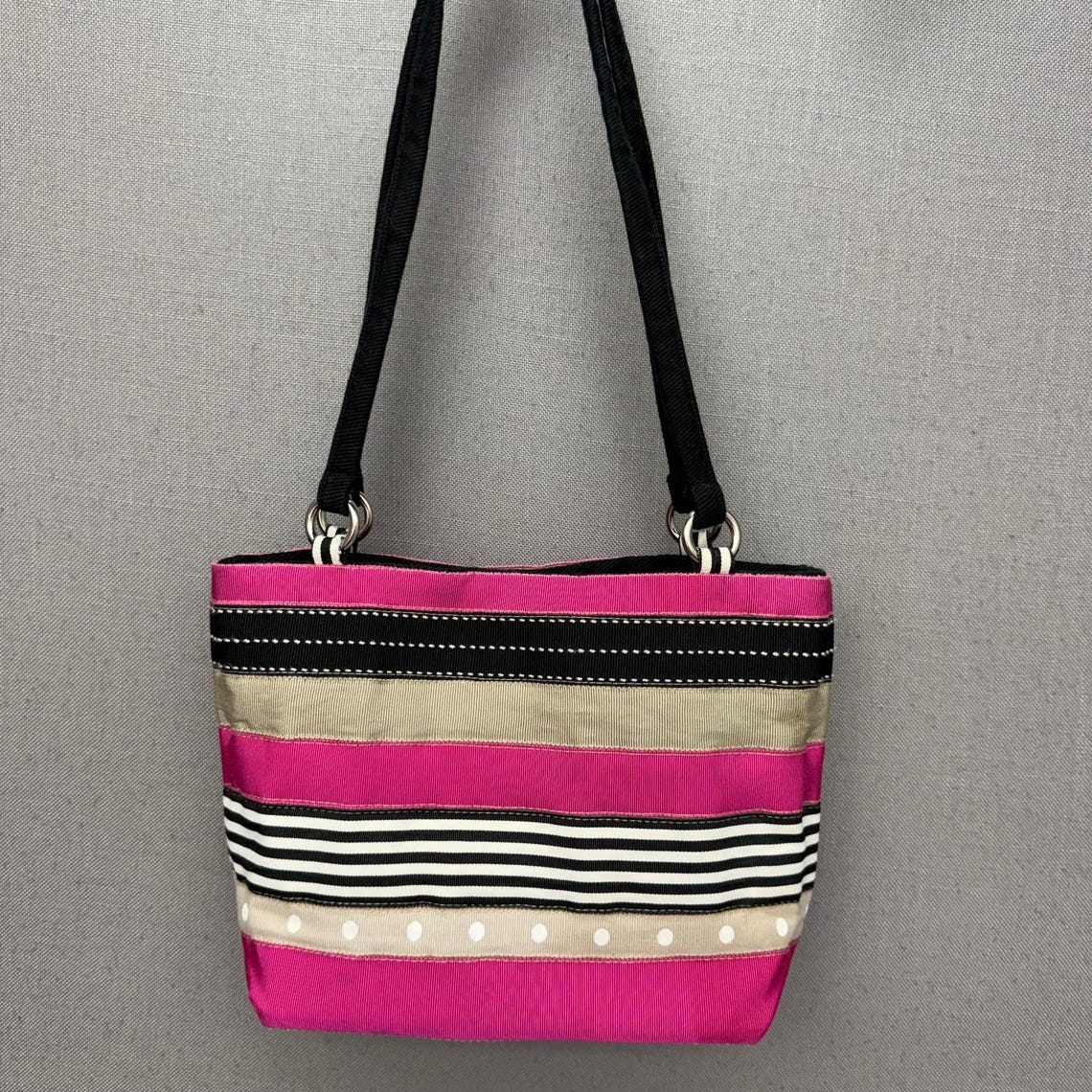 Lulu Vintage Ribbon Stripe Mini Tote Shoulder Bag Pink Black Dot EUC, foto 2 di 5