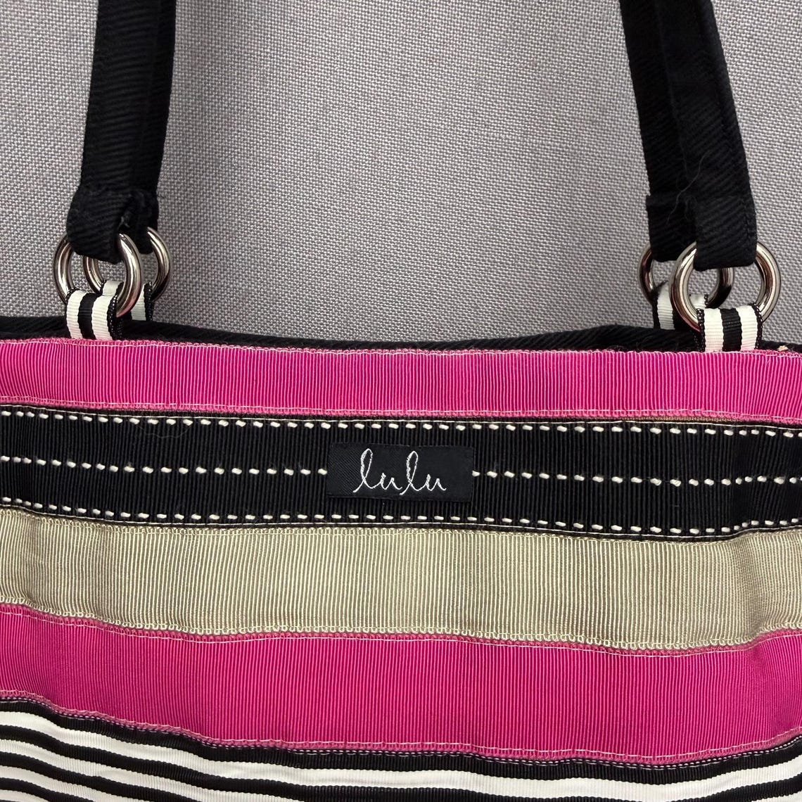 Lulu Vintage Ribbon Stripe Mini Tote Shoulder Bag Pink Black Dot EUC, foto 3 di 5