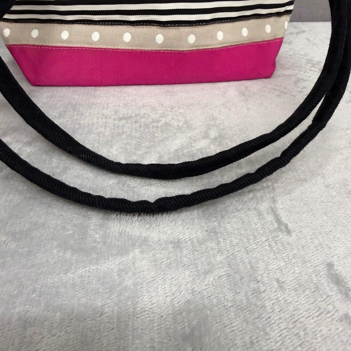 Lulu Vintage Ribbon Stripe Mini Tote Shoulder Bag Pink Black Dot EUC, foto 4 di 5