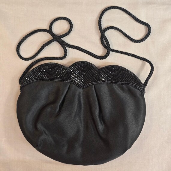 Chadwyck Vintage Black Satin Beaded Scalloped Evening Crossbody Bag Clutch