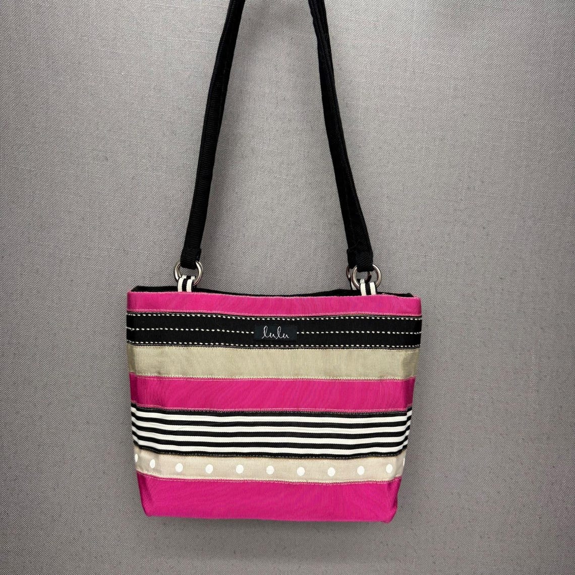 Lulu Vintage Ribbon Stripe Mini Tote Shoulder Bag Pink Black Dot EUC, foto 1 di 5