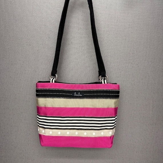 Lulu Vintage Ribbon Stripe Mini Tote Shoulder Bag Pink Black Dot EUC