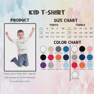 May include: A product image for a kid's t-shirt, featuring a size and color chart. The size chart includes measurements in inches for youth and toddler sizes. The color chart offers various options, including white, black, and red.