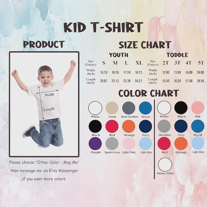 May include: A product image for a kid's t-shirt, featuring a size and color chart. The size chart includes measurements in inches for youth and toddler sizes. The color chart offers various options, including white, black, and red.