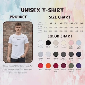 May include: White unisex t-shirt with size and color charts. The size chart shows measurements in inches, with a width of 17.99 inches for size S, up to 31.97 inches for size 5XL. Color options include white, black, and red.