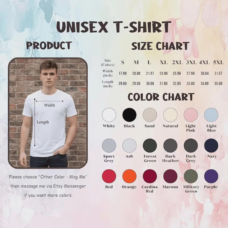May include: White unisex t-shirt with size and color charts. The size chart shows measurements in inches, with a width of 17.99 inches for size S, up to 31.97 inches for size 5XL. Color options include white, black, and red.