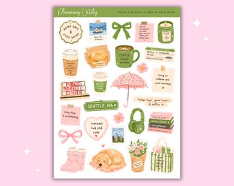 Coffee and Rain in Seattle Deco Planner Stickers | Seattle Journal Stickers | Coffee Sticker Sheet | Memory Planning Stickers