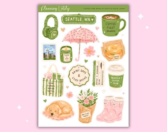 Coffee and Rain in Seattle Large Deco Planner Stickers | Seattle Journal Stickers | Coffee Sticker Sheet | Memory Planning Stickers
