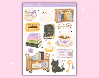 Haunted Library Large Sticker Sheet | Bookish Halloween Planner Stickers | Ghost Journal Stickers