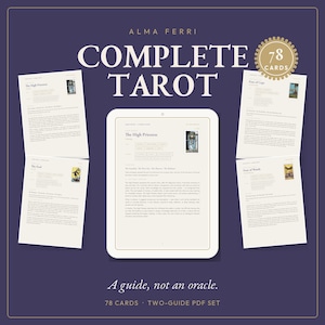 May include: A digital tablet displaying a tarot guide page titled The High Priestess, surrounded by four printed pages featuring tarot card descriptions. The text reads Complete Tarot, 78 Cards, and A guide, not an oracle, with a gold badge.