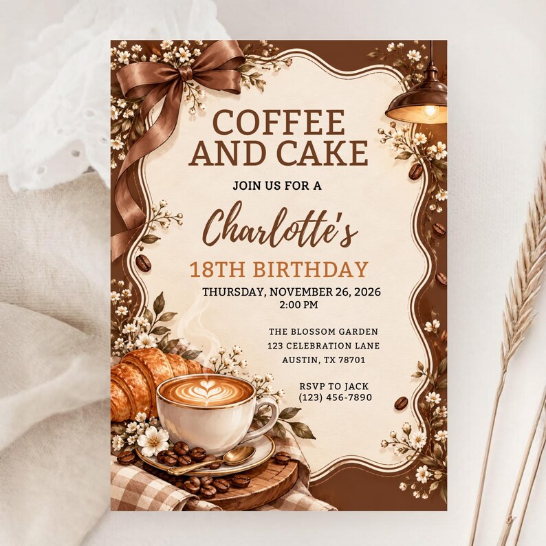 18th Birthday Coffee & Cake Party Invitation, Brown Floral Design ...