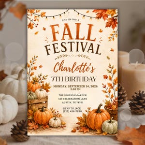 May include: A rectangular invitation card featuring a watercolor illustration of orange pumpkins, autumn leaves, and string lights. The text reads: JOIN US FOR A FALL FESTIVAL, Charlotte's 7TH BIRTHDAY, MONDAY, SEPTEMBER 14, 2026, 2:00 PM, THE BLOSSOM GARDEN, 123 CELEBRATION LANE, AUSTIN, TX 78701, RSVP TO JACK (123) 456-7890.