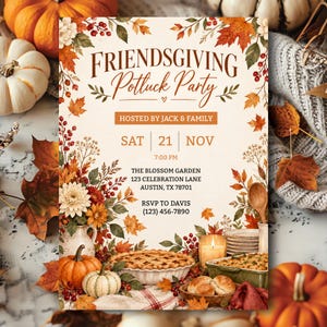 May include: A Friendsgiving Potluck Party invitation card featuring autumn foliage, pumpkins, and berries. The text reads: FRIENDSGIVING Potluck Party, HOSTED BY JACK & FAMILY, SAT 21 NOV, 7:00 PM, THE BLOSSOM GARDEN, 123 CELEBRATION LANE, AUSTIN, TX 78701, RSVP TO DAVIS (123) 456-7890.