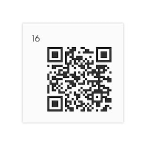 May include: A white square featuring a black QR code and the number 16 in the top left corner. The QR code is a complex pattern of black and white squares.