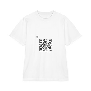 May include: A white t-shirt with a crew neck. The shirt features a black QR code and the number 16 printed on the front. The t-shirt is made of a soft, lightweight material.