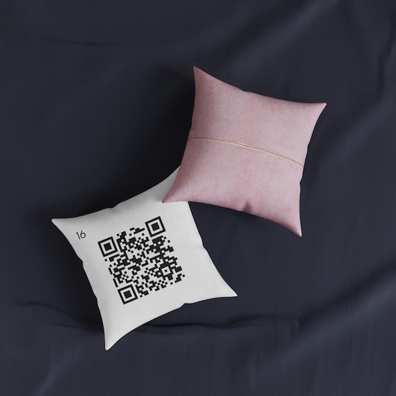 QR Code Pillow 16 | Scannable Graphic Faux Suede Cushion (Pink Back)