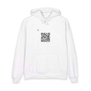 May include: White hooded sweatshirt with a front pocket and drawstring. The sweatshirt features a black QR code and the number 16 printed on the front. The hoodie is made of a soft, comfortable material.