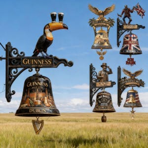 Peut inclure: Ensemble de cloches d&eacute;coratives en m&eacute;tal, dont une enseigne Guinness avec un toucan et une cloche repr&eacute;sentant Dublin. D'autres enseignes pr&eacute;sentent un drapeau britannique, la marque Jack Daniel's et un drapeau am&eacute;ricain.