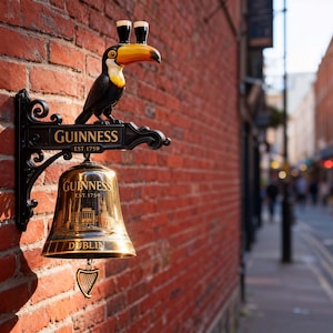Peut inclure: Enseigne Guinness avec un toucan tenant deux pintes de stout au-dessus d'une cloche dor&eacute;e. La cloche porte le logo Guinness et le mot Dublin. L'enseigne est fix&eacute;e sur un mur de briques rouges.