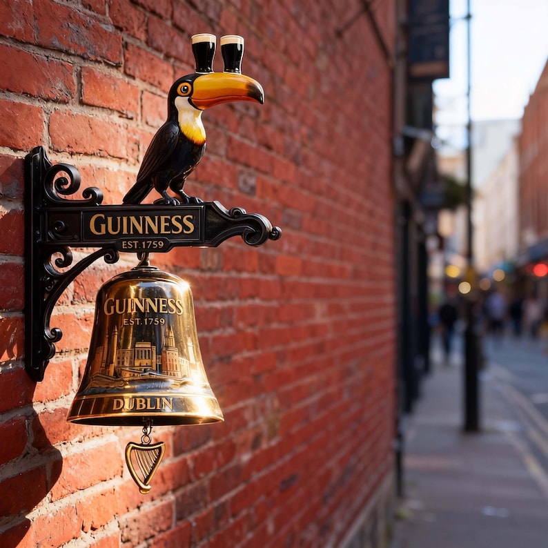 Peut inclure: Enseigne Guinness avec un toucan tenant deux pintes de stout au-dessus d'une cloche dor&eacute;e. La cloche porte le logo Guinness et le mot Dublin. L'enseigne est fix&eacute;e sur un mur de briques rouges.