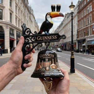 Peut inclure: Un panneau Guinness noir avec un toucan, deux verres &agrave; bi&egrave;re et une cloche. Le panneau indique "GUINNESS ESTD 1759" et "GUINNESS BREWERY DUBLIN". La cloche a une harpe dor&eacute;e en bas. Le toucan a un grand bec orange.
