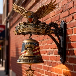 Peut inclure: Une cloche d&eacute;corative de couleur bronze avec un aigle et une banni&egrave;re indiquant "United States of America 250th Anniversary 1776-2026". La cloche pr&eacute;sente le drapeau am&eacute;ricain et un pendentif en forme d'&eacute;toile. Elle est fix&eacute;e sur un mur de briques.