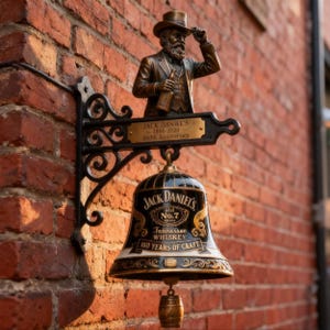 Peut inclure: Une cloche d&eacute;corative murale avec une statue de couleur bronze d'un homme qui l&egrave;ve son chapeau, tenant une bouteille. La cloche est noire avec des accents dor&eacute;s et le texte "Jack Daniel's" et "160 Years of Craft". Le panneau indique "1866-2026 160th Anniversary".