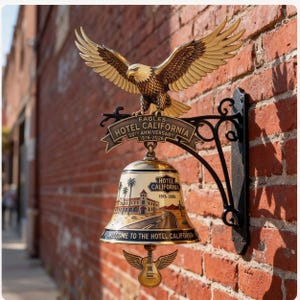 Peut inclure: Une enseigne d&eacute;corative en m&eacute;tal avec un aigle dor&eacute; aux ailes d&eacute;ploy&eacute;es, perch&eacute; au-dessus d'une banni&egrave;re indiquant "Hotel California 50th Anniversary 1976-2026". En dessous, une cloche avec une sc&egrave;ne de route et de b&acirc;timent.