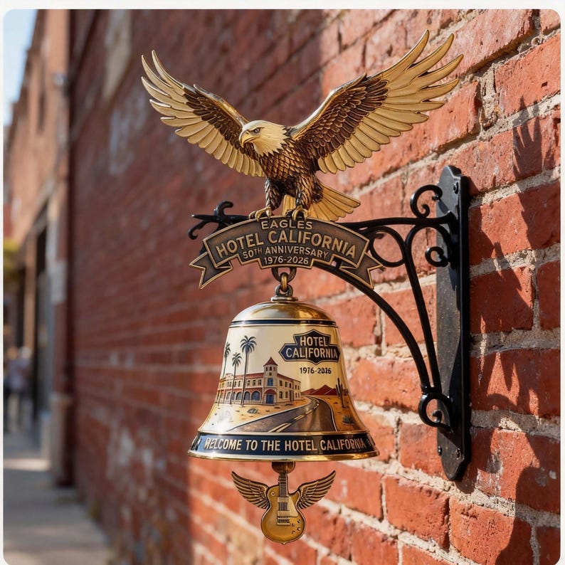 Peut inclure: Une enseigne d&eacute;corative en m&eacute;tal avec un aigle dor&eacute; aux ailes d&eacute;ploy&eacute;es, perch&eacute; au-dessus d'une banni&egrave;re indiquant "Hotel California 50th Anniversary 1976-2026". En dessous, une cloche avec une sc&egrave;ne de route et de b&acirc;timent.