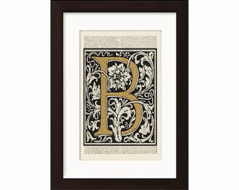 Typography Decorative Initial Letter Print on upcycled Vintage 1870 French Dictionary Page Mixed media Digital