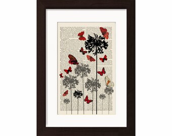 Red Butterflies Black Grey Flowers Print on upcycled French Dictionary Vintage Page