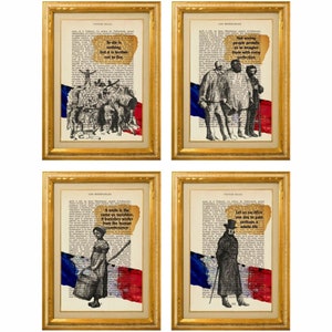 Victor Hugo Les Misérables Quotes 4 print set on pages from French Les Mis Novel with Gustave Brion illustrations French flag mixed media