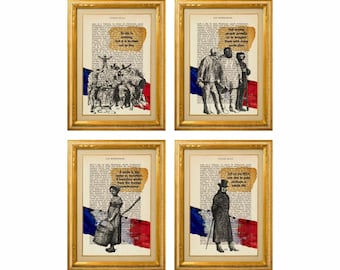 Victor Hugo Les Misérables Zitate 4 Druck Set auf Seiten aus dem Französischen Les Mis Roman mit Gustave Brion Illustrationen Französisch Flagge Mischmedien