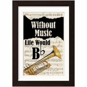 Muziekliefhebbers Brass trompet zonder muziekleven zou plat-mixed media gerecycleerd vintage bladmuziek pagina