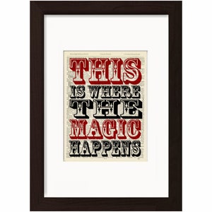 May include: A framed print with a vintage book page background featuring the text "This is where the magic happens" in red and black lettering.