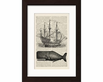 Frigate Sailing Ship with Whale  Print on Vintage Repurposed Dictionary Page mixed media  digital Art