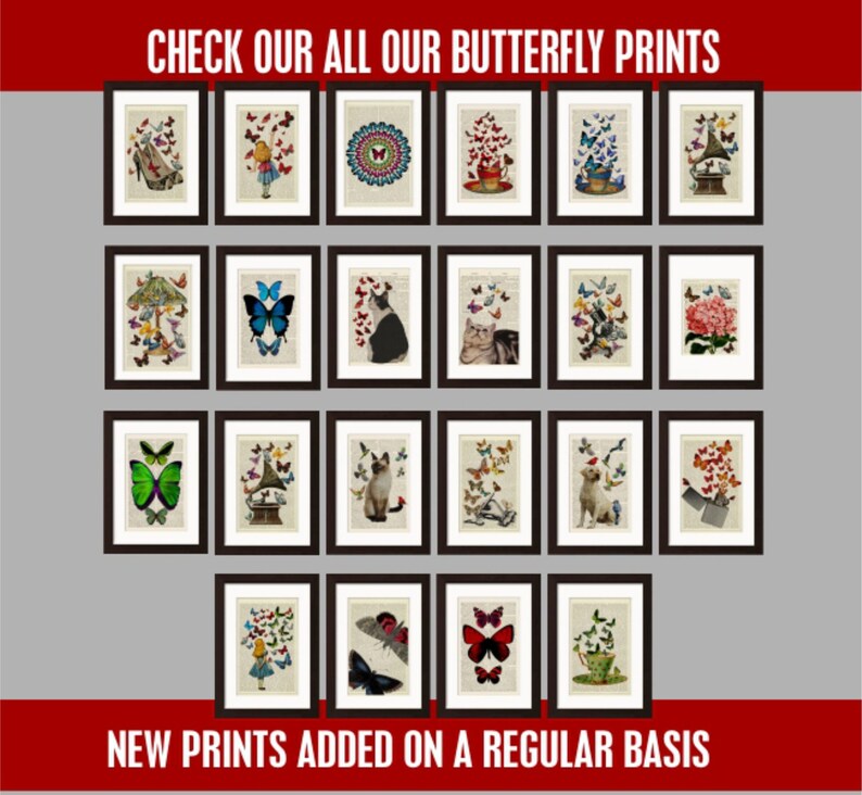 May include: A collection of 24 framed butterfly prints featuring various designs, including butterflies on a teacup, a cat, a shoe, and a book. The prints are displayed on a gray wall with the text "CHECK OUR ALL OUR BUTTERFLY PRINTS" at the top and "NEW PRINTS ADDED ON A REGULAR BASIS" at the bottom.