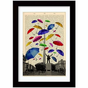Umbrellas Over Dublin Ireland mixed media  Print on repurposed 1870&#39;s book page