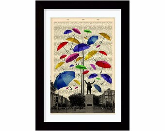 Regenschirme über Dublin Irland Mixed Media Print auf umfunktionierten 1870 Buchseite