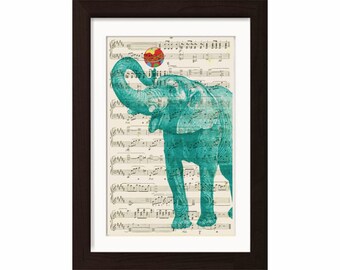 Petrol Elefant mit Ball-Druck auf Upcycled Vintage 1920 Noten Seite gemischt Medien digitale Seite Tinte Tier