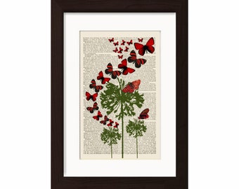 Flug der roten Schmetterlinge abstrakte grüne Blumen Druck auf Upcycled Französisch Wörterbuch Vintage Seite