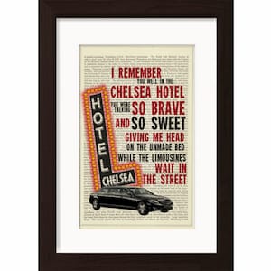 Leonard Cohen Chelsea Hotel  song lyric Print on upcycled Vintage French English Dictionary Page
