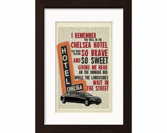 Leonard Cohen Chelsea Hotel  song lyric Print on upcycled Vintage French English Dictionary Page