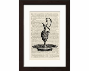 Antique Silver Jug and Tray engraving on upcycled  1870's French Dictionary Page mixed media digital