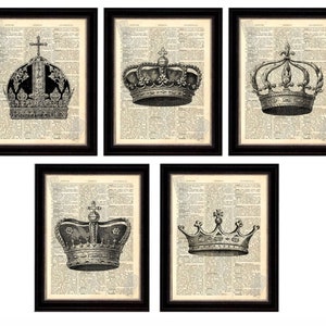 Crown Print  Set of 5 Beautiful Crown Prints on Upcycled 1896 Latin English Dictionary Page mixed media