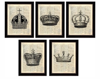 Crown Print  Set of 5 Beautiful Crown Prints on Upcycled 1896 Latin English Dictionary Page mixed media