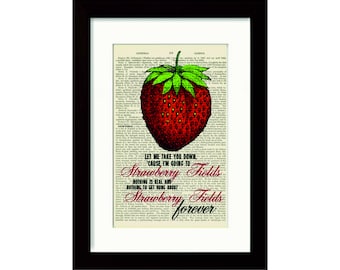 Impresión de la letra de la canción Strawberry Fields Forever de los Beatles en una página vintage reciclada, técnica mixta digital.