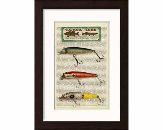 Creek Chub Bait Company Vintage Fishing Lure Print 1 on Repurposed Vintage  1870's French Dictionary Page Mixed Media Art 