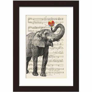 Elephant with Ball  print on upcycled Vintage 1920's Sheet Music Page mixedd media digital page ink animal